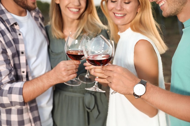 Amici che tengono bicchieri di vino e si divertono durante il picnic in vigna