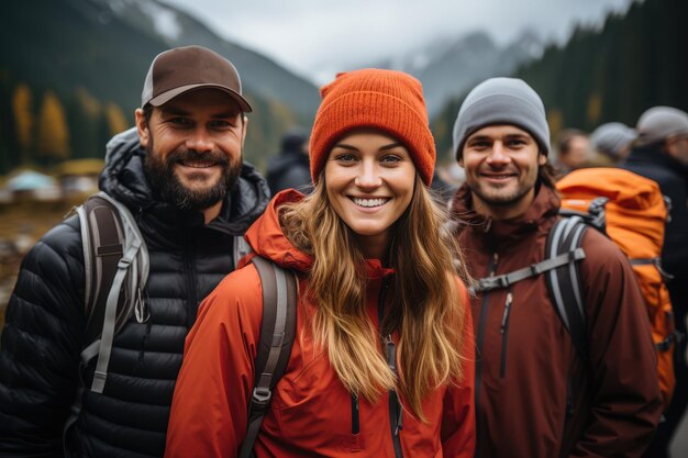 Amici che viaggiano in montagna per fare un'escursione