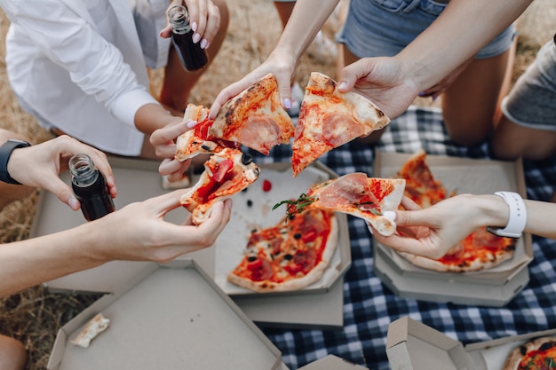 Amici da picnic con pizza e bevande