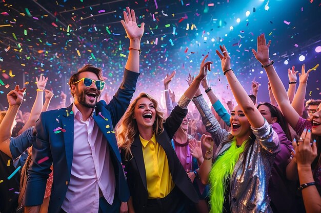 Amici del festival aziendale in una discoteca moderna al neon con le mani in alto con i confetti volanti