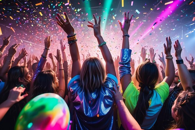 Amici del festival aziendale in una discoteca moderna al neon con le mani in alto con i confetti volanti