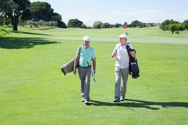 Amici del golfista che camminano e che tengono le loro sacche da golf