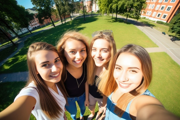 Amici dell'università e selfie nel campus per divertirsi al sole dall'alto creati con l'IA generativa