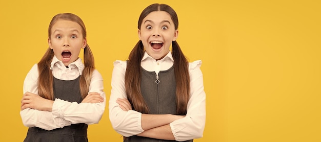 Amici delle ragazze della scuola Imparare con sorpresa I bambini sorpresi tengono le braccia incrociate Ritratto di intestazione del banner dello studio dello studente della studentessa Copyspace del viso del bambino della scuola