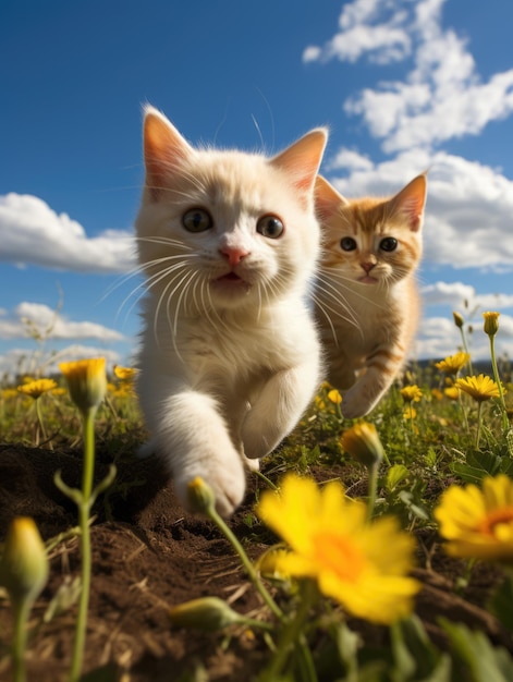 Amici di cani e gatti giocano camminando fuori su un prato nell'erba atmosfera amichevole famiglia amore pace giornata di sole estiva ottimo umore gioioso felice e sorridente