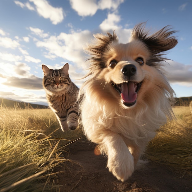 Amici di cani e gatti giocano camminando fuori su un prato nell'erba atmosfera amichevole famiglia amore pace giornata di sole estiva ottimo umore gioioso felice e sorridente