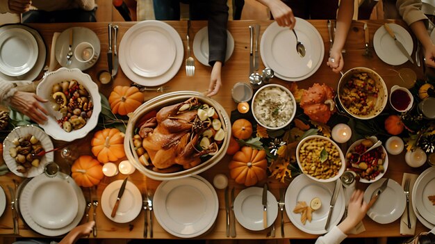 Amici e familiari si riuniscono attorno a un tavolo di legno decorato con zucche e foglie d'autunno per un pasto di Ringraziamento