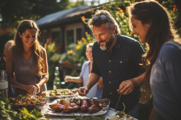 amici e parenti che servono un piatto di cibo all'aperto