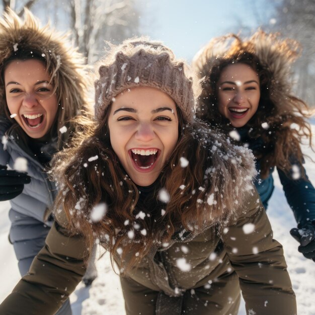 Amici eccitati che giocano nella neve