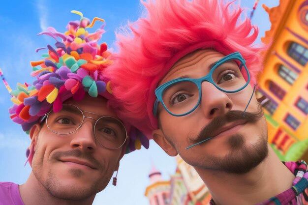 Amici entusiasti della comunità LGBT che festeggiano la festa del gay pride day Una coppia di uomini si fa un selfie con cappelli colorati sorridendo Generation Z e eventi socialixA