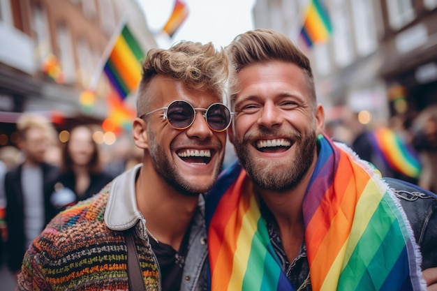 Amici felici alla LGBTQ Pride Parade di Amsterdam Amsterdam Pride Celebration