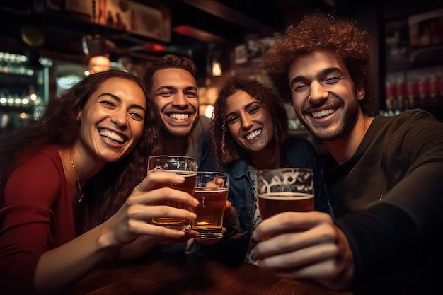 Amici felici bevono birra in un bar birreria