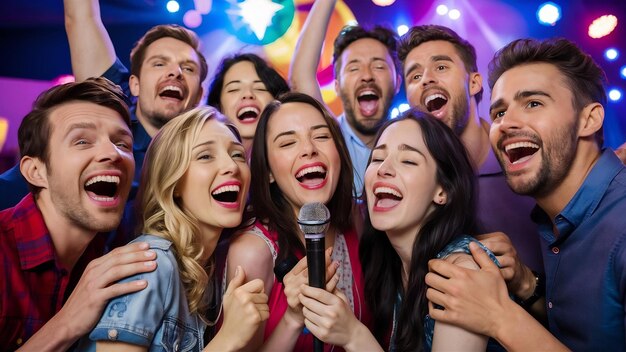 Amici felici che cantano insieme il karaoke