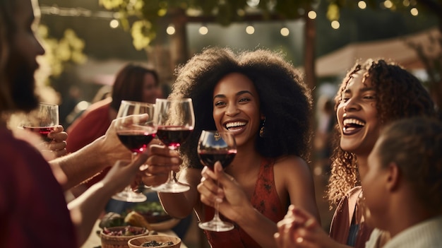 Amici felici che cenano alla festa estiva in giardino