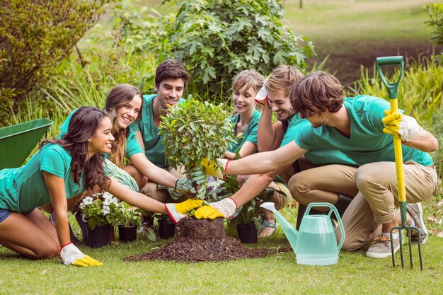 Amici felici che fanno giardinaggio per la comunità