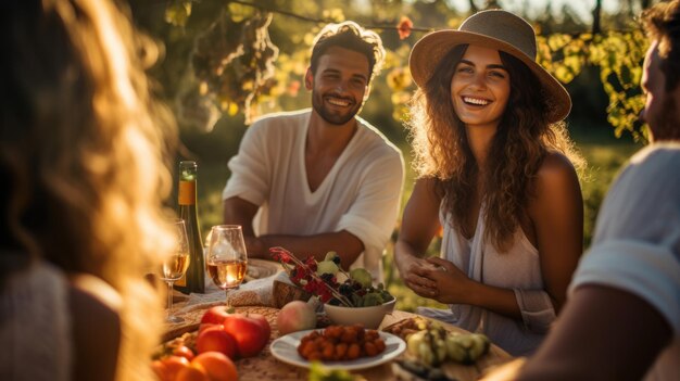 Amici felici che fanno una festa al picnic