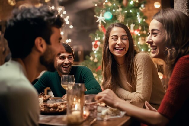 amici felici che festeggiano il Natale a casa festa celebrazione e vacanze concetto