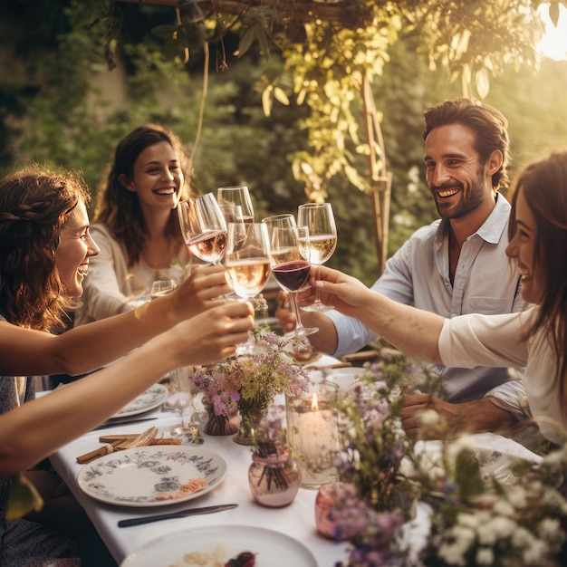 Amici felici che si divertono a bere vino al vigneto della cantina concetto di amicizia generativo ai