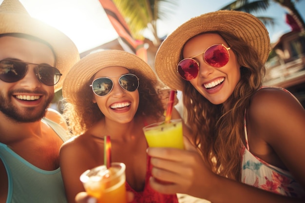 Amici felici che si divertono con cocktail tropicali a una festa in spiaggia.