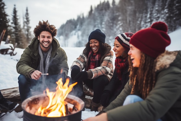 Amici felici che si divertono e si rilassano attorno al fuoco Festa invernale fuori