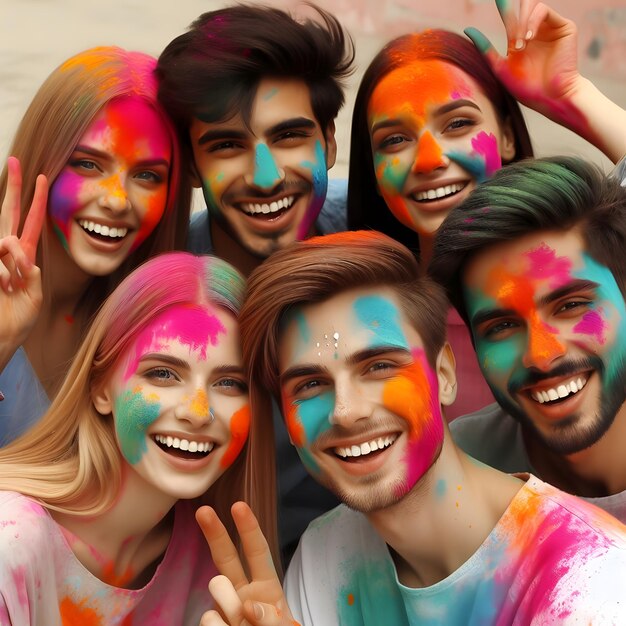 Amici felici con il viso smeared con i colori sulla festa di Holi