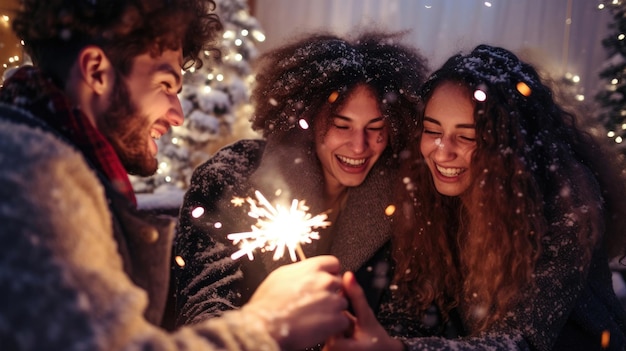 Amici felici con scintilli festeggiano il Natale