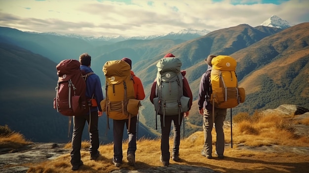 Amici felici con zaini che fanno trekking IA generativa