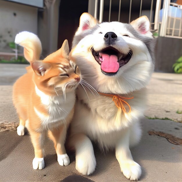 Amici felici di cani e gatti che posano insieme