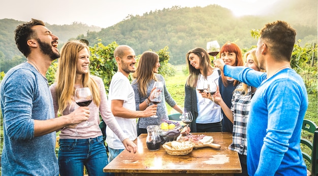 Amici felici divertendosi bevendo vino rosso in vigna