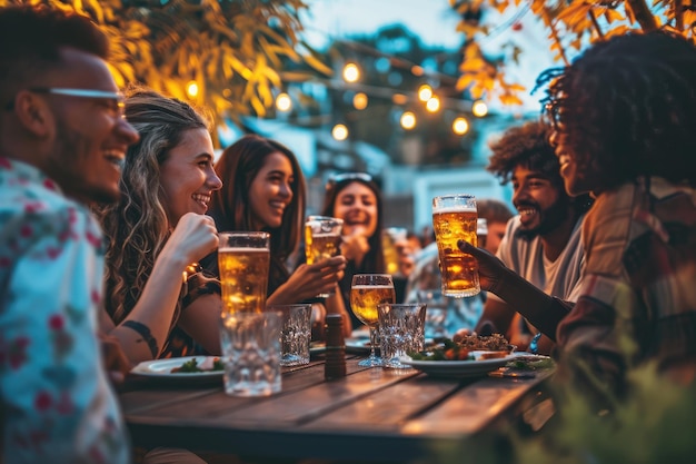 Amici felici e sorridenti che bevono bicchieri di birra seduti al tavolo del ristorante del pub della birreria