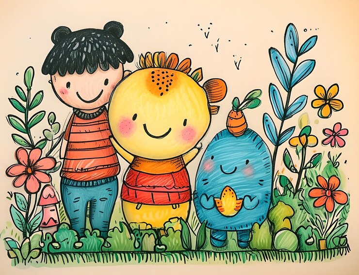 Foto amici felici in giardino illustrazione di cartoni animati per carta da parati e design miglior qualità squisita