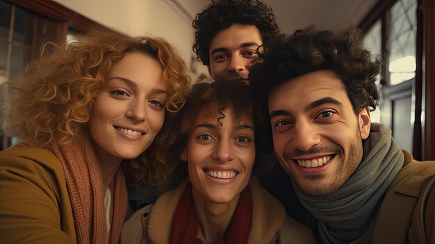 Amici felici maschio e femmina di trent'anni che posano per una foto