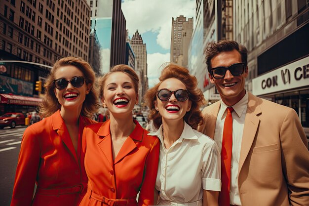 Amici felici negli anni '60 che si divertono con i classici ritratti di città a Manhattan