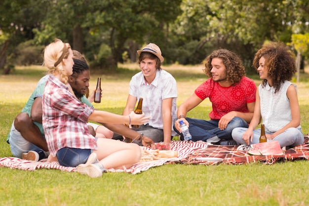 Amici felici nel parco che ha picnic