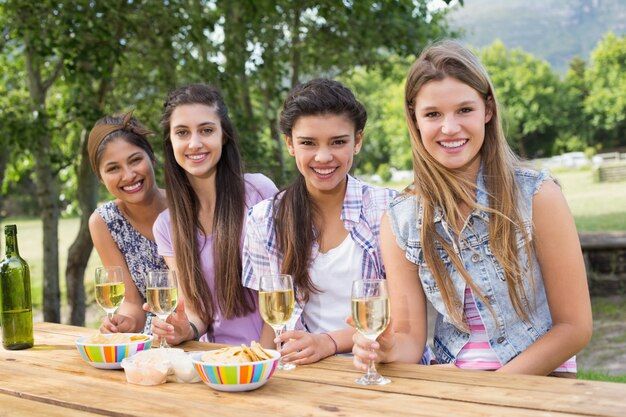 Amici felici nel parco con vino