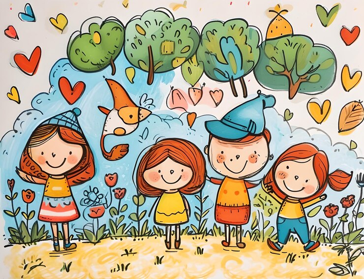 Foto amici felici nella natura illustrazione colorata di cartoni animati per sfondi e sfondi miglior qualità