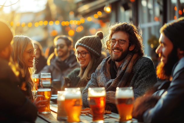 amici felici stanno bevendo birra ridendo e chiacchierando al tavolo fuori dal bar la sera al tramonto