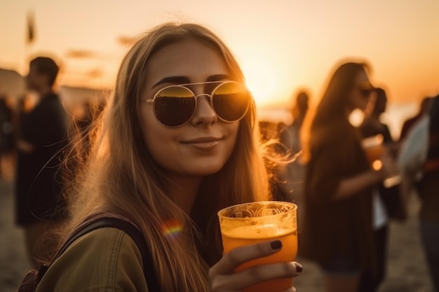 Amici femminili che incoraggiano con la birra alla festa estiva in spiaggia del festival musicale