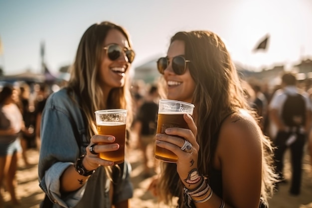 Amici femminili che incoraggiano con la birra alla festa estiva in spiaggia del festival musicale