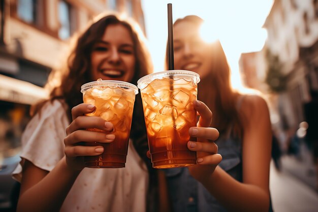 Amici femminili con caffè ghiacciato sulla strada della città con sfondo spazio copia