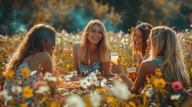 Amici gioiosi che ridono e bevono in un colorato campo di fiori in una luminosa giornata di sole