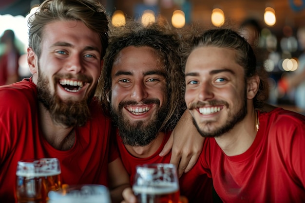 Amici gioiosi in rosso che applaudono con le birre in un vibrante pub locale AI generativa