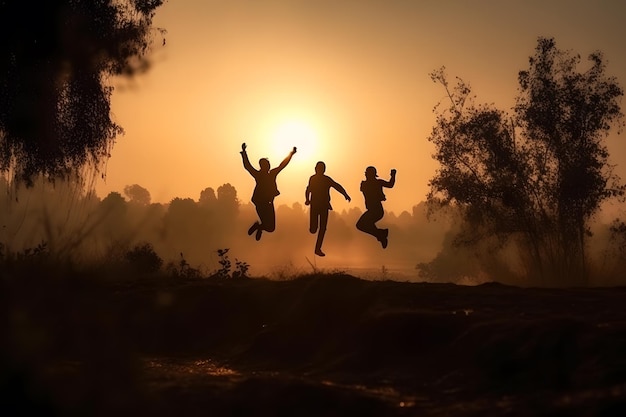 Amici giovani che saltano gioiosamente sullo sfondo del tramonto Rete neurale generata dall'AI