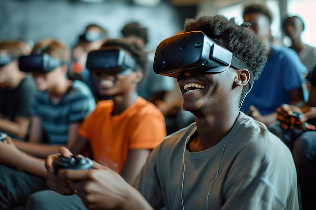 Amici immersi in un'esperienza di realtà virtuale di gruppo