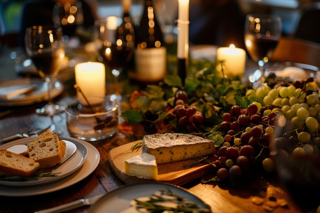 Amici insieme a tavola con un piatto di formaggio e uva AI generativa