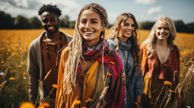 Amici intimi che posano felicemente nella natura