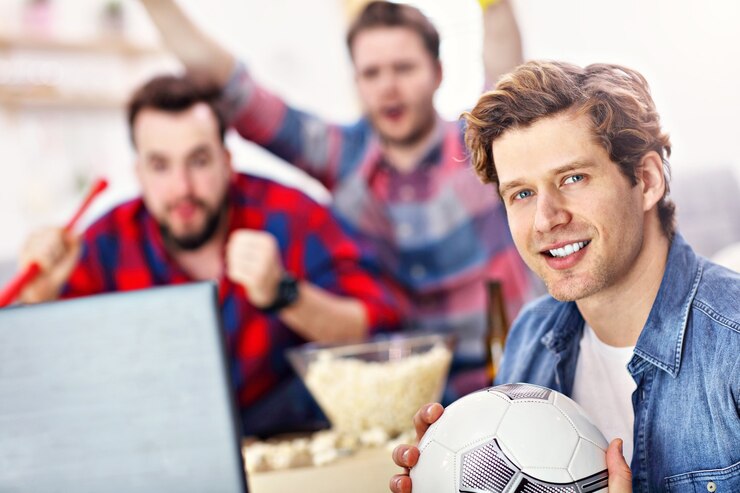 amici maschi felici che tifano e guardano lo sport in tv