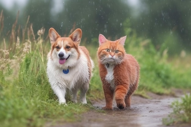 amici pelosi gatto rosso e cane corgi che camminano in un prato estivo sotto le gocce di pioggia calda