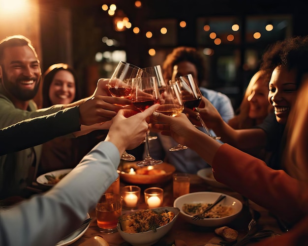Amici riuniti attorno a un tavolo con le mani alzate in un brindisi per celebrare la loro amicizia