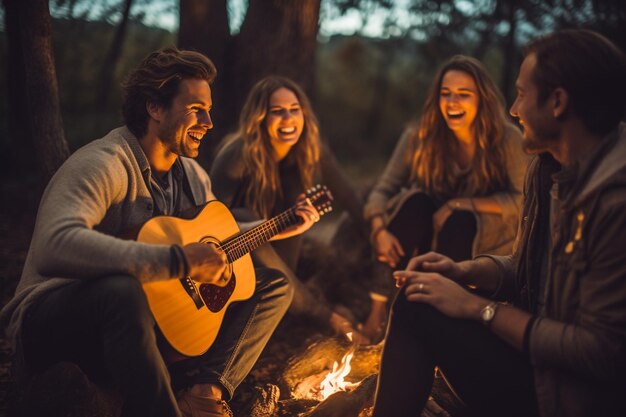 Amici seduti vicino al fuoco sorridente che suonano la chitarra